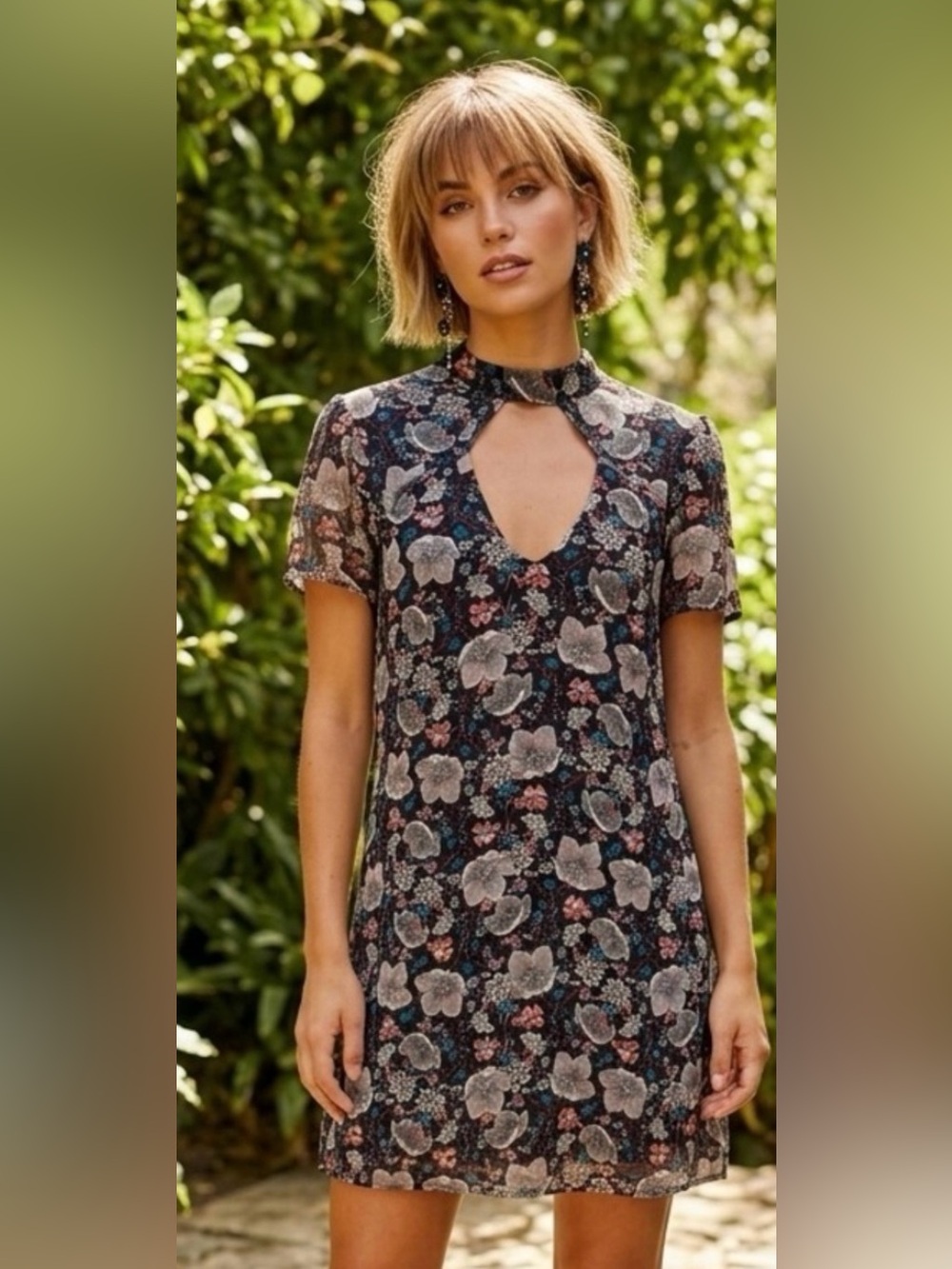 Trixxi Black Floral Keyhole Mini Dress with Pink Accents